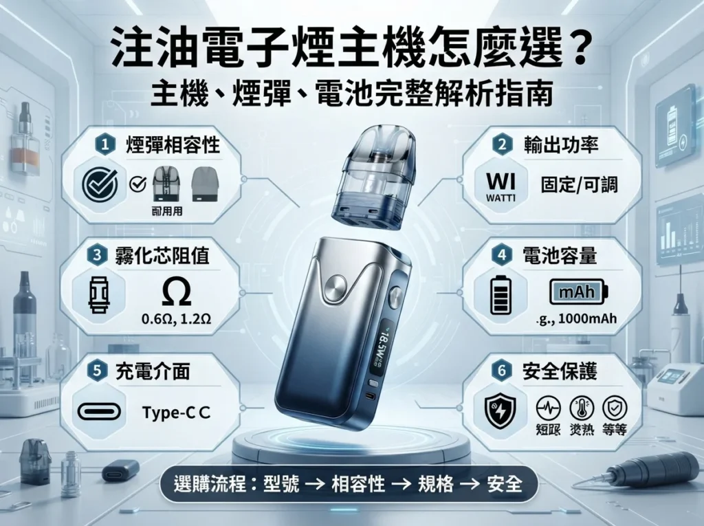 注油電子煙主機選購指南資訊圖表,展示煙彈相容性、輸出功率、霧化芯阻值、電池容量、充電介面與安全保護6大規格。